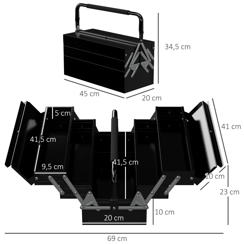 DURHAND Caja de Herramientas Metálica Plegable con 5 Bandejas y Asa para Taller Garaje 45x20x34,5 cm Negro