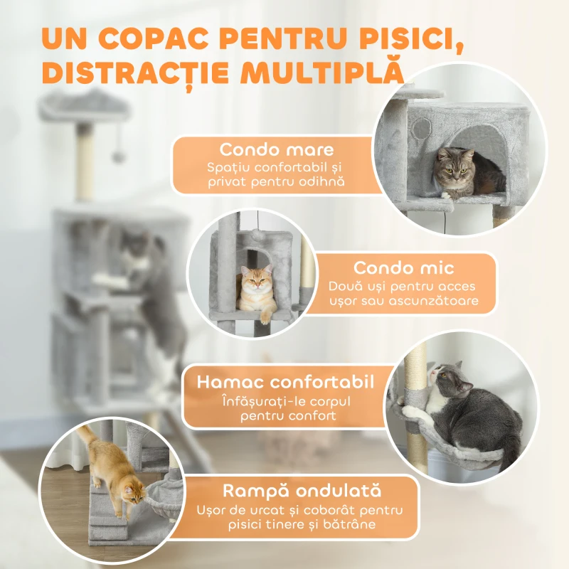 PawHut Copac pentru Zgâriat pentru Pisici, Înălțime 140 cm, cu 2 Căsuțe, Hamac, Pat și Stâlpi Acoperiți cu Sisal, Gri
