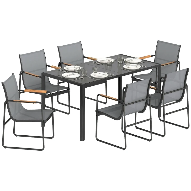 Outsunny Ensemble de Salle à Manger d'Extérieur 7 Pièces pour 6 Personnes, Table en Verre et Chaises en Maille avec Accoudoirs Décoratifs, Gris