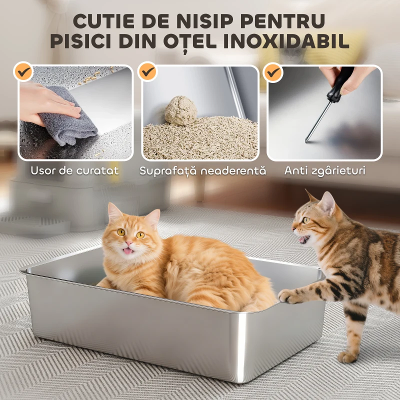 PawHut Litieră pentru Pisici Închisă de 80L cu Tavă Detașabilă, din ABS și Oțel Inoxidabil, 63x43x43 cm, Gri Deschis