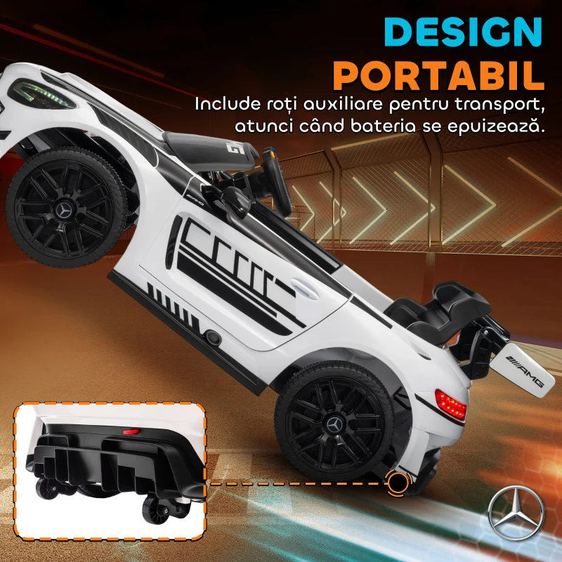 AIYAPLAY Auto Electric pentru Copii de 3-8 Ani Mercedes-AMG 12V cu Telecomandă, Faruri LED, Roți pentru Transport, Alb
