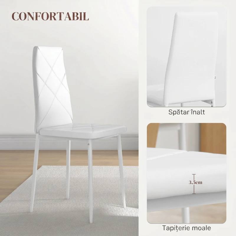 HOMCOM Set de 6 Scaune de Dining Moderne cu Spătar Înalt din Piele Ecologică și Oțel, 41x50x97 cm, Alb