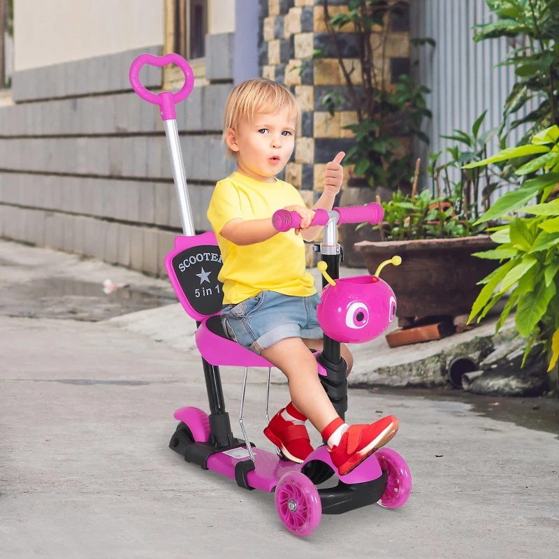 HOMCOM 3 en 1 Patinete para Niños de +18 Meses Scooter de 3 Ruedas con Asiento Extraíble Manillar Mango de Empuje Altura Ajustable 62x25x72,5 cm Rosa