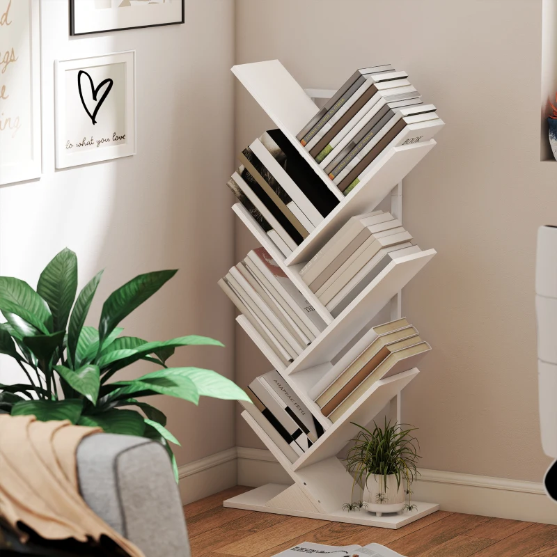 HOMCOM Bibliothèque Arbre à 7 Niveaux, Meuble de Rangement Industriel avec Cadre en Acier, 50x24x109cm, Blanc