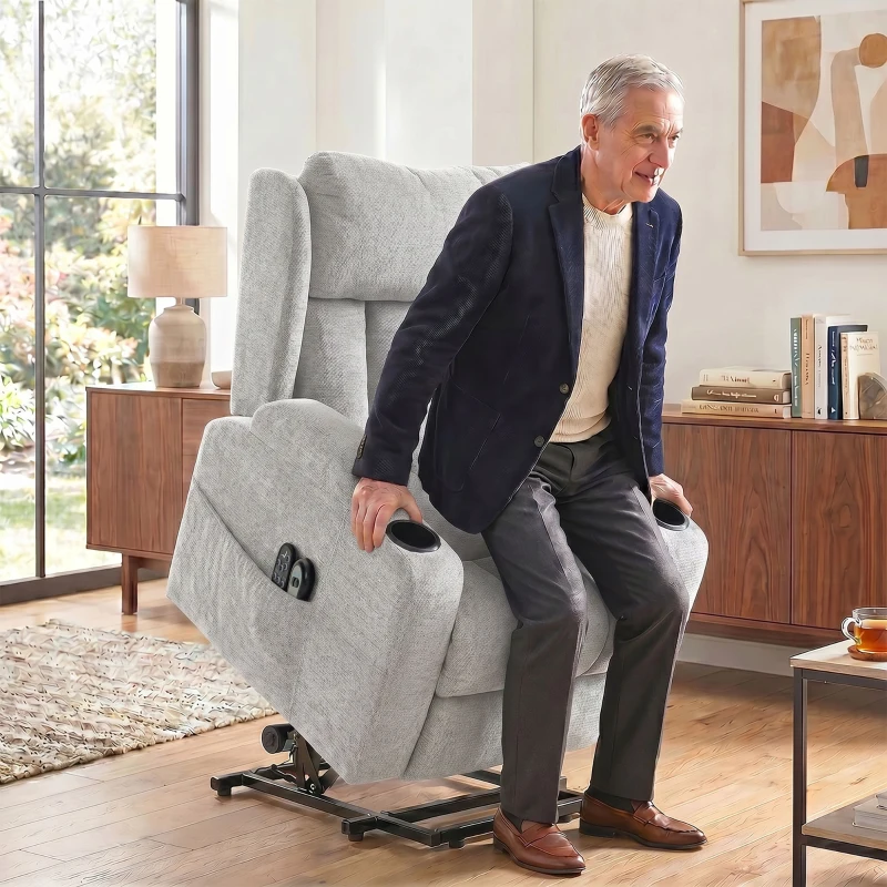 HOMCOM Fotoliu Ridicător Electric cu Masaj și Încălzire, Fotoliu Relax Electric din Chenille, Tetieră Rabatabilă, Gri Deschis