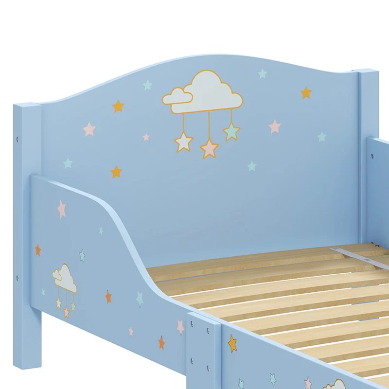 AIYAPLAY Lit Enfant 70 x 140 cm, Lit pour Enfant avec Barrière de Sécurité et Sommier à Lattes en Bois, Motif Nuage, Bleu