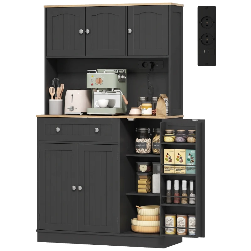 HOMCOM Aparador Alto de Cocina Armario de Cocina Estación de Carga 6 Puertas Encimera Porta Especias 100x40x173 cm Negro