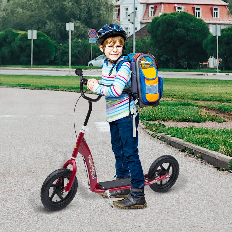 HOMCOM Patinete para Niños de 5-12 Años Scooter de 2 Ruedas Grandes de 12 Pulgadas con Freno y Manillar Ajustable en Altura Carga Máx. 50 kg 120x52x80-88 cm Rojo