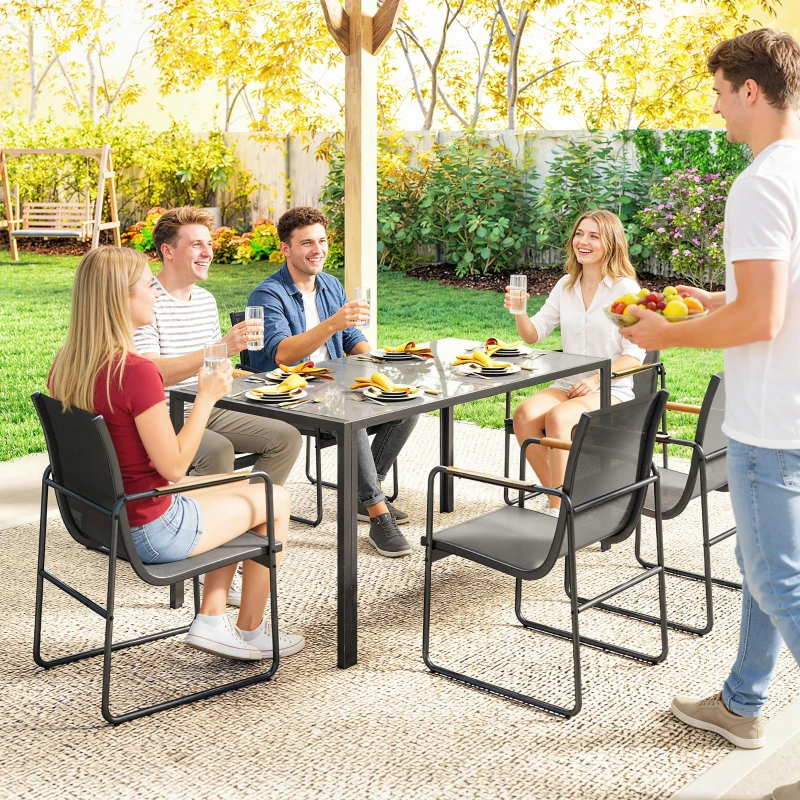 Outsunny Ensemble de Salle à Manger d'Extérieur 7 Pièces pour 6 Personnes, Table en Verre et Chaises en Maille avec Accoudoirs Décoratifs, Gris