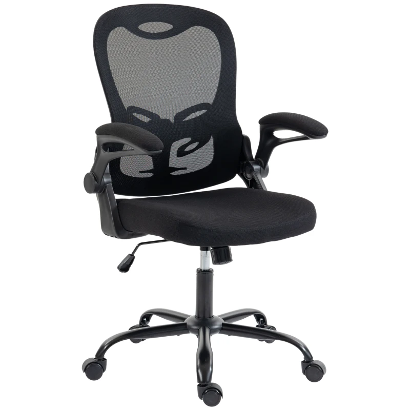 HOMCOM Cadeira de Escritório Ergonômica Cadeira de Escritório em Malha Apoios de Braço Rebatíveis Altura Ajustável Função de Balanço Preta