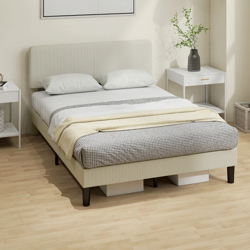 HOMCOM Cadru de Pat 140x200 cm cu Tăblie Tapițată Reglabilă pe Înălțime și Șipci, Catifea Canelată, Gri