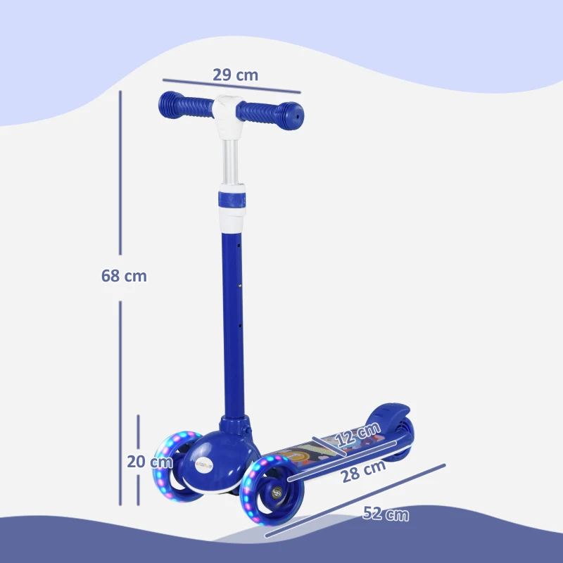 AIYAPLAY Trotinete para Crianças Trotinete com 3 Rodas LED Altura Ajustável Carga 25 kg 52x29x63-76 cm Azul