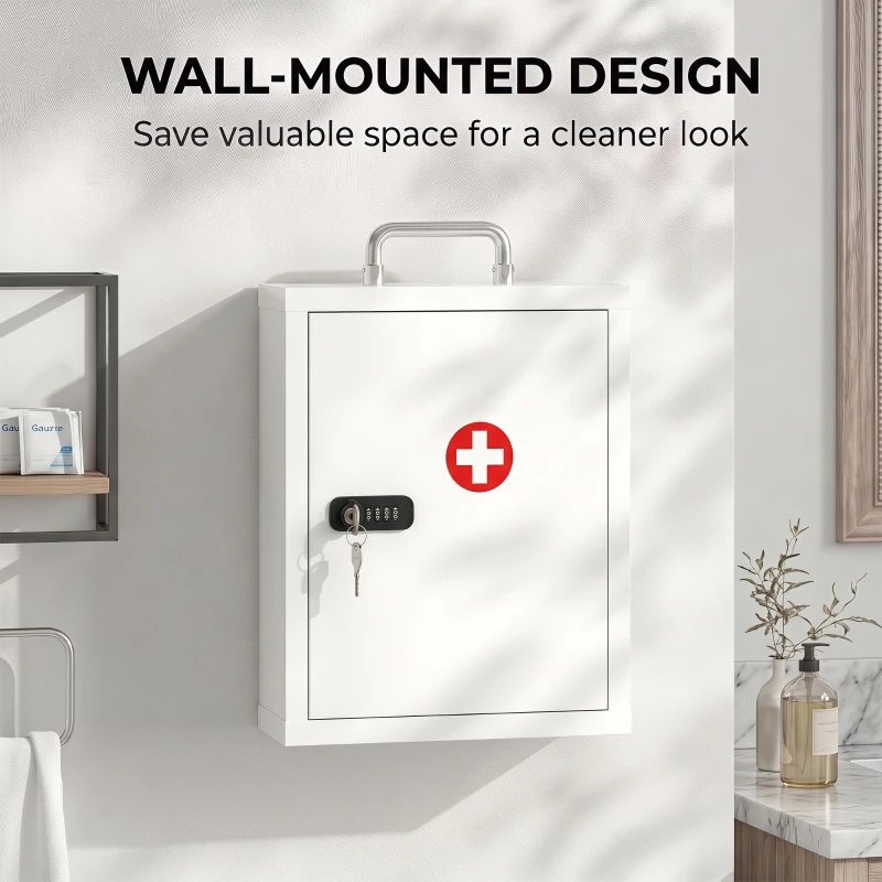 HOMCOM Wall Mount Medicine Cabinet with Combination and Key Lock, 3 Tier Steel First Aid Cabinet, White