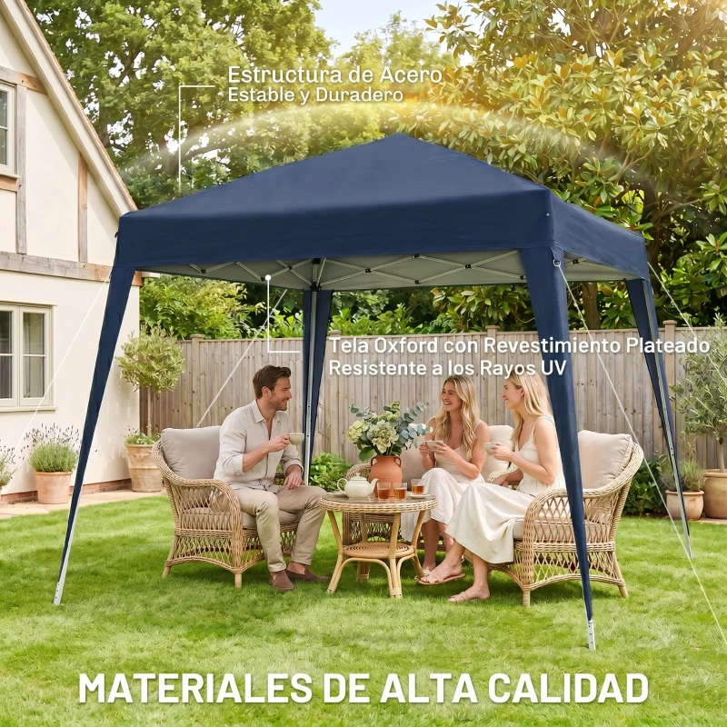 Outsunny Carpa Plegable 2,4x2,4 m, Pop-up, Cenador Pabellón de Jardín, Altura Ajustable con Bolsa de Transporte, Anti-UV, Impermeable, Gazebo para Camping, Fiestas, Exterior, Azul