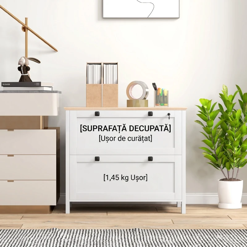 HOMCOM Dulap pentru documente cu 2 sertare pentru dosare A4, încuietoare și chei, 76x40x76cm, alb
