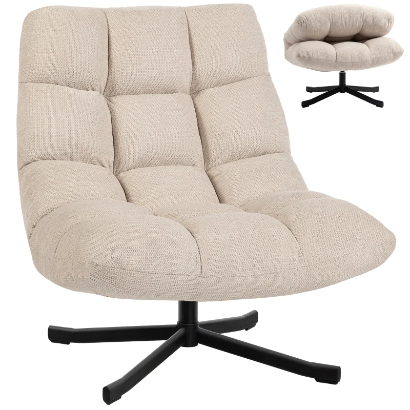 HOMCOM Armlehnloser Wohnzimmersessel, 360° drehbar, wasserabweisender Chenille-Stoff, breite Sitzfläche, 75 x 95 x 90 cm, Creme