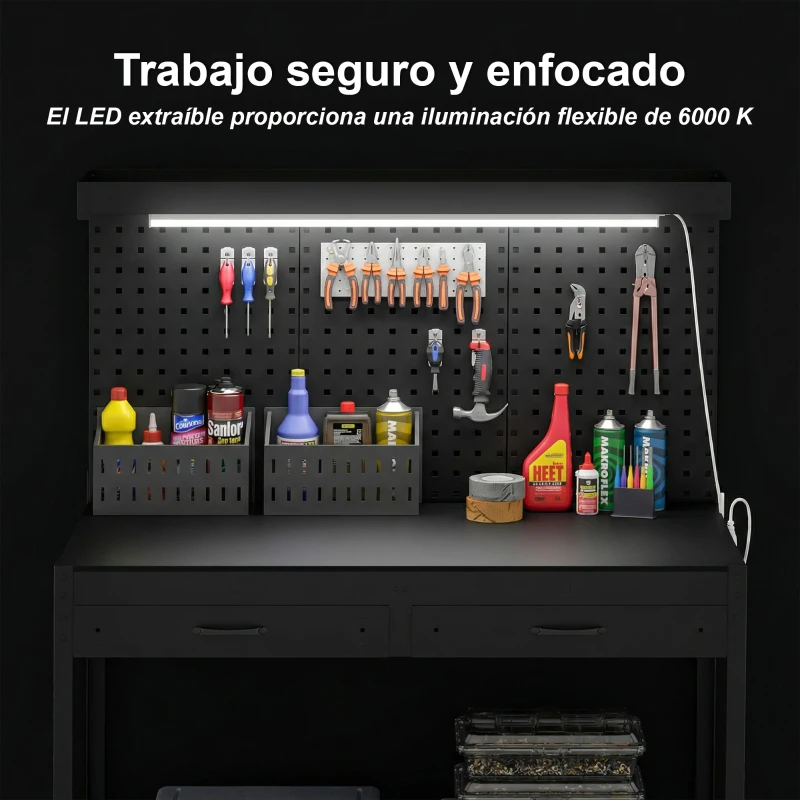HOMCOM Banco de Trabajo Carga 272 kg 110x60x150 cm con Tableros Perforados Metálicos Toma de Corriente Luces LED Cajones Negro