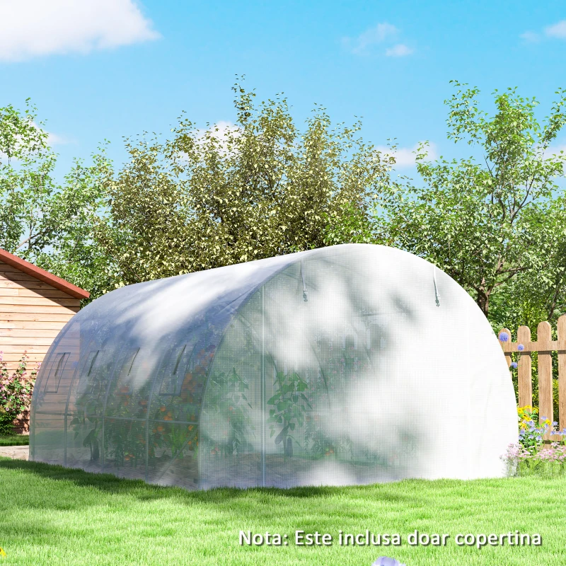Outsunny Copertină pentru Seră din PE cu 8 Ferestre, Ușă Rulabilă și Margini Îngropate, 4x3x2 m, Alb