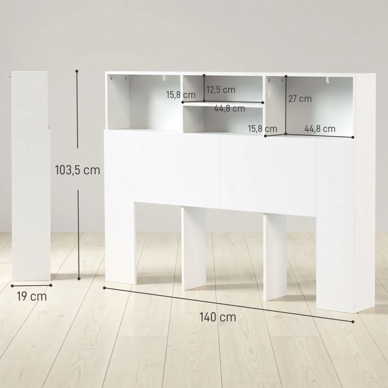 HOMCOM Cabeceira de Cama 140 cm com Arrumação e 4 Compartimentos Abertos para Quarto Branca