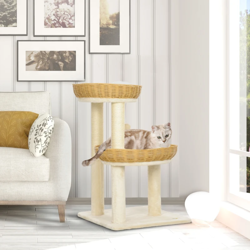 PawHut Arbre à chat arbre à grimper hauteur de 75,5 cm avec deux lits pour chat en rotin griffoirs coussins lavables beige