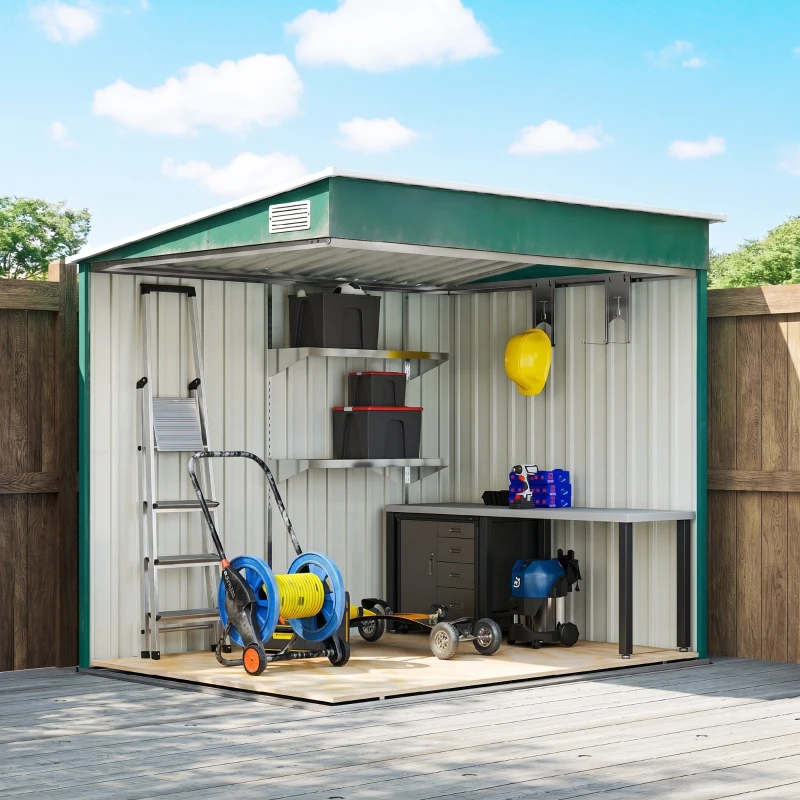 Outsunny Depozit pentru Unelte din Metal 1.5x2m cu Bază, Ușă Glisantă și Acoperiș Înclinat, Verde