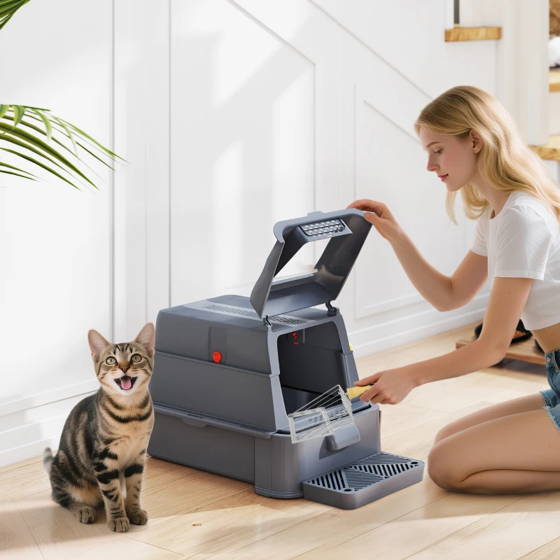 PawHut Litieră Închisă pentru Pisici de 80L cu Tavă Detașabilă, din ABS și Oțel Inoxidabil, 63x43x43 cm, Gri Închis