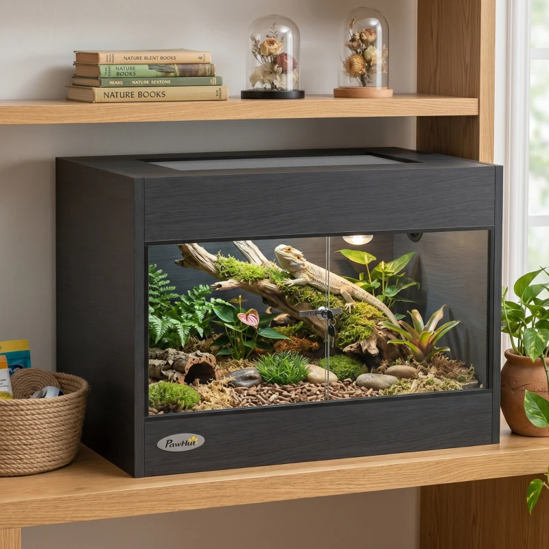 PawHut Reptile Terrarium, Reptile Vivarium with  Glass Doors, Secure Lock, Top Ventilation for Snake, Gecko, 60x45x45cm, Black