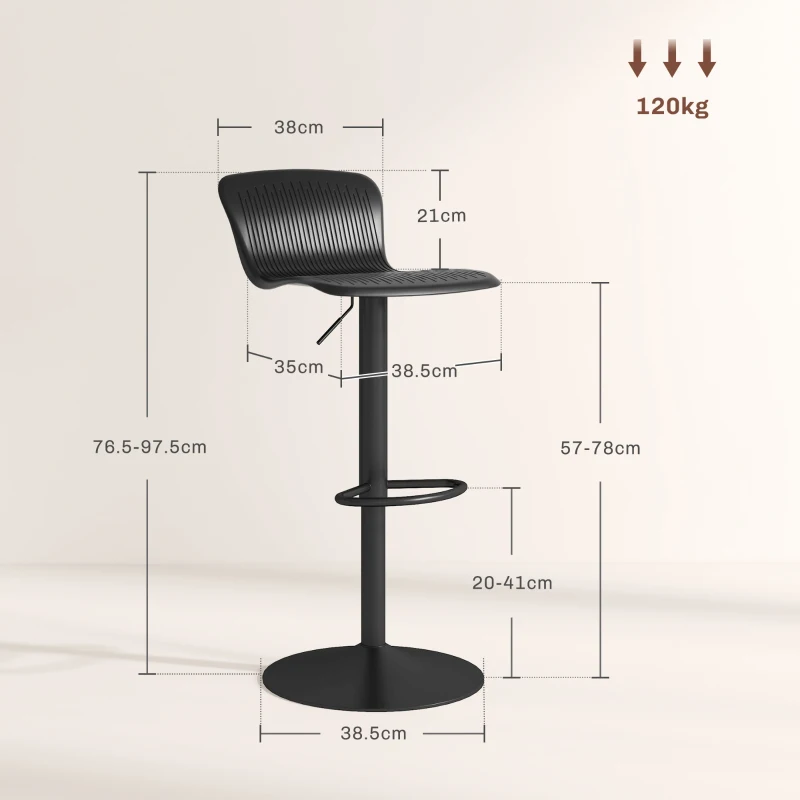 HOMCOM Set 2 scaune de bar cu spătar, rotative și cu înălțime reglabilă, polipropilenă, negru