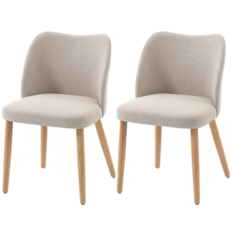HOMCOM Set di 2 Sedie da Pranzo in Tessuto Effetto Lino e Legno di Caucciù, Seduta Imbottita, Schienale Curvo, Crema
