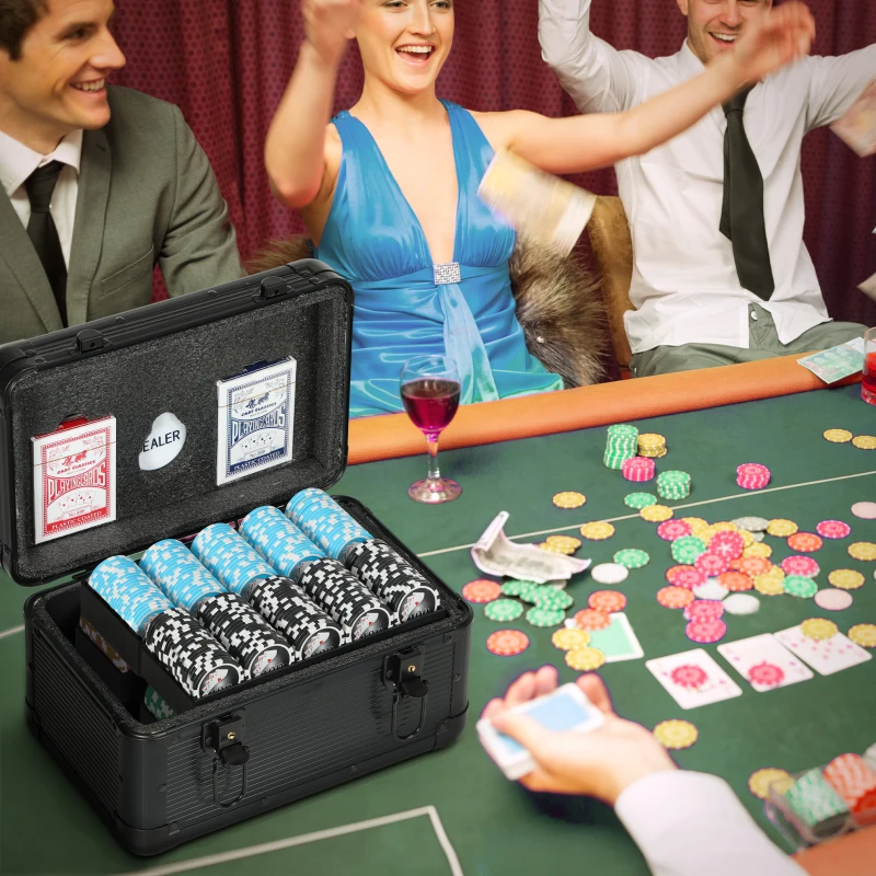 SPORTNOW Set Poker con 600 Fiches per 12 Giocatori con Valigetta, 2 Mazzi di Carte e Tappetino, Nero