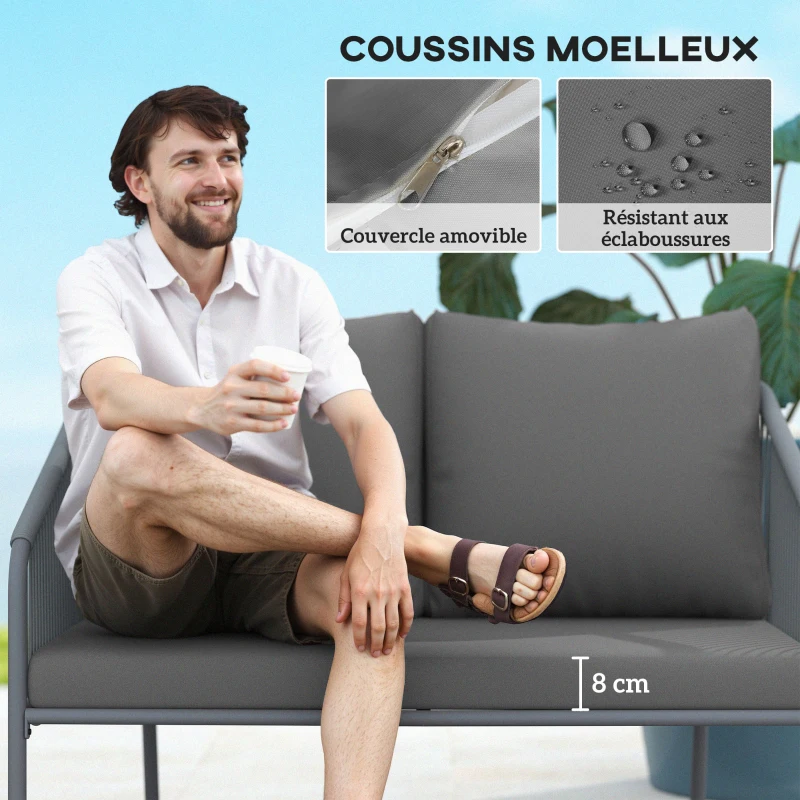 Outsunny Canapé de jardin 2 places en résine tressée avec coussins canapé d'extérieur accoudoirs cadre en acier 112x72x76cm gris