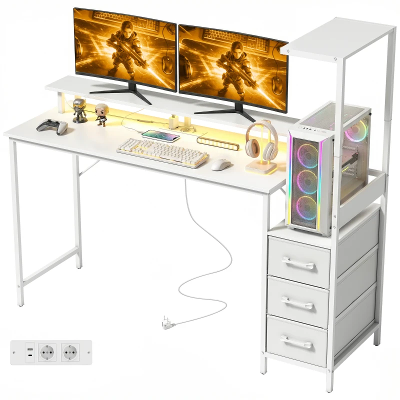 HOMCOM Scrivania Gaming 147 cm, Tavolo per Computer con Supporto CPU Regolabile e Reversibile, Luci RGB, Prese di Alimentazione, Porte USB e USB-C, Supporto Monitor e 3 Cassetti in Tessuto, Bianco
