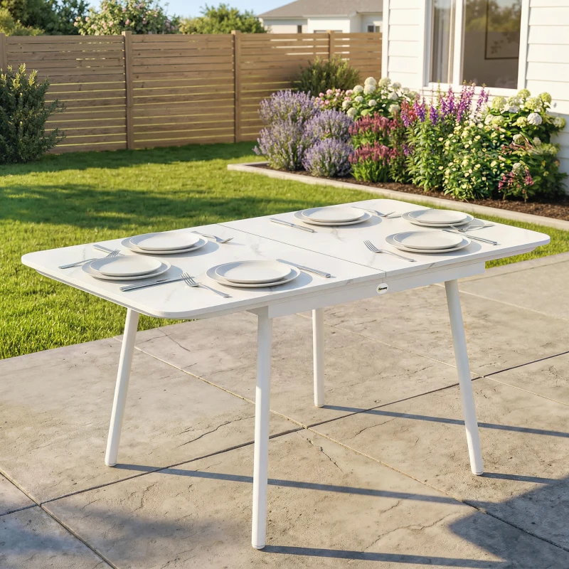 Outsunny Table de Jardin Rectangulaire pour 4-6 Personnes, Plateau en WPC et Cadre en Métal, Pieds Réglables, 140x80x75cm, Blanc