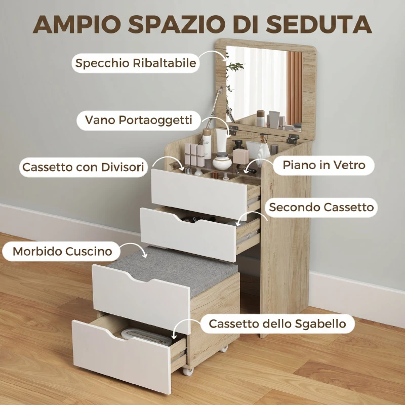HOMCOM Toeletta 3 in 1 con Specchio Ribaltabile, Sgabello e Cassetti, Rovere e Bianco