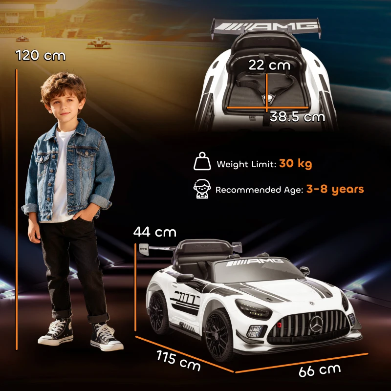 AIYAPLAY Auto Electric pentru Copii de 3-8 Ani Mercedes-AMG 12V cu Telecomandă, Faruri LED, Roți pentru Transport, Alb