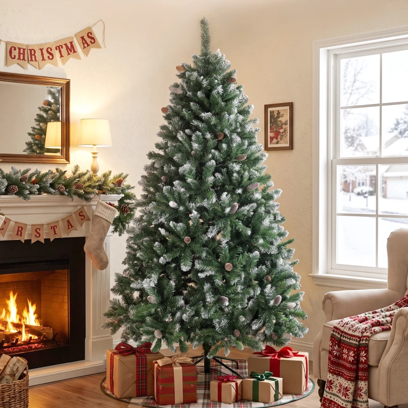 HOMCOM Árvore de Natal Artificial 180 cm Árvore de Natal com 910 Ramos com Efeito Neve 58 Pinhas Verde