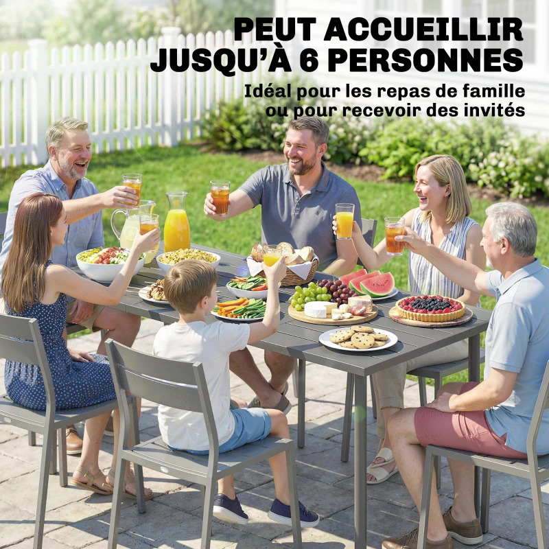 Outsunny Table de jardin pour 6 personnes, 165 x 80 cm, table à manger extérieure rectangulaire avec plateau à lattes en métal