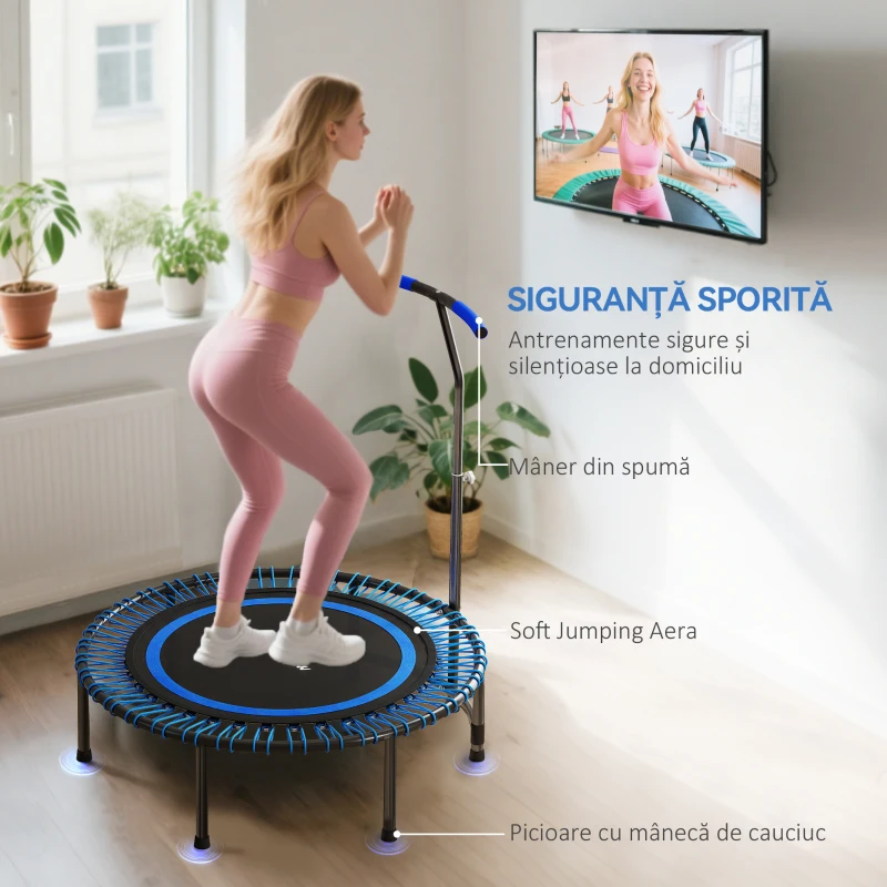 SPORTNOW Trambulină Fitness Ø145 cm cu Ghidon Reglabil pe 5 Poziții, 36 Arcuri Bungee și Capacitate 200 kg, Albastru