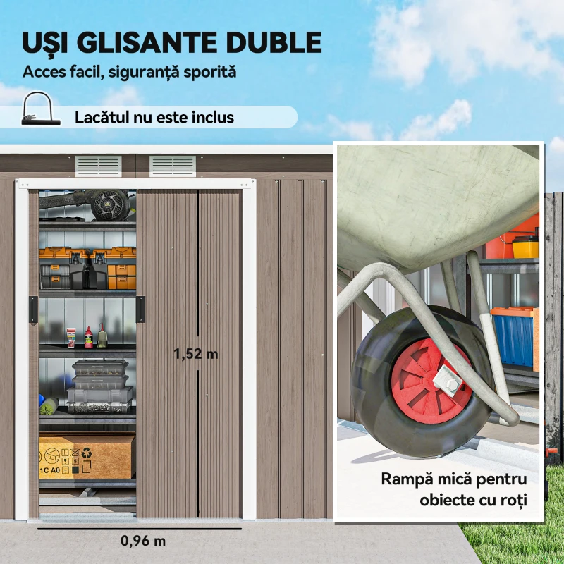 Outsunny Depozit de Grădină din Oțel cu 2 Orificii de Aerisire și 2 Uși Glisante, 280 x 130 x 172 cm, Gri Lemn