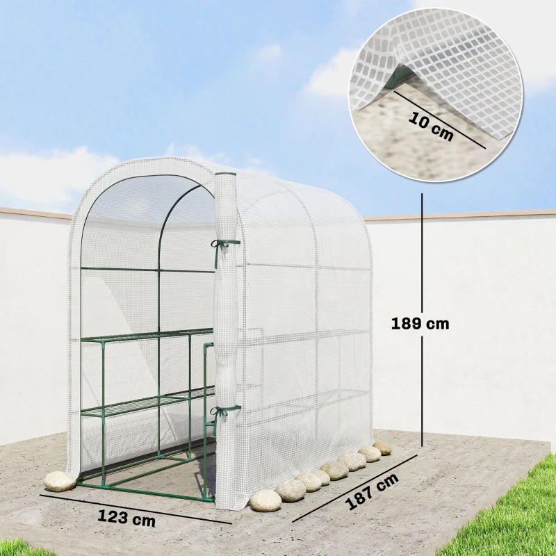 Outsunny Serre de jardin avec étagères, 123x187x189cm, petite serre avec porte enroulable, bâche PE haute densité 140 g/m², blanc