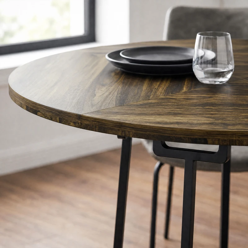 HOMCOM Dining Table Space Saving Kitchen Table Spliced Tabletop Conical Metal Base 120 cm Round Rustic Brown