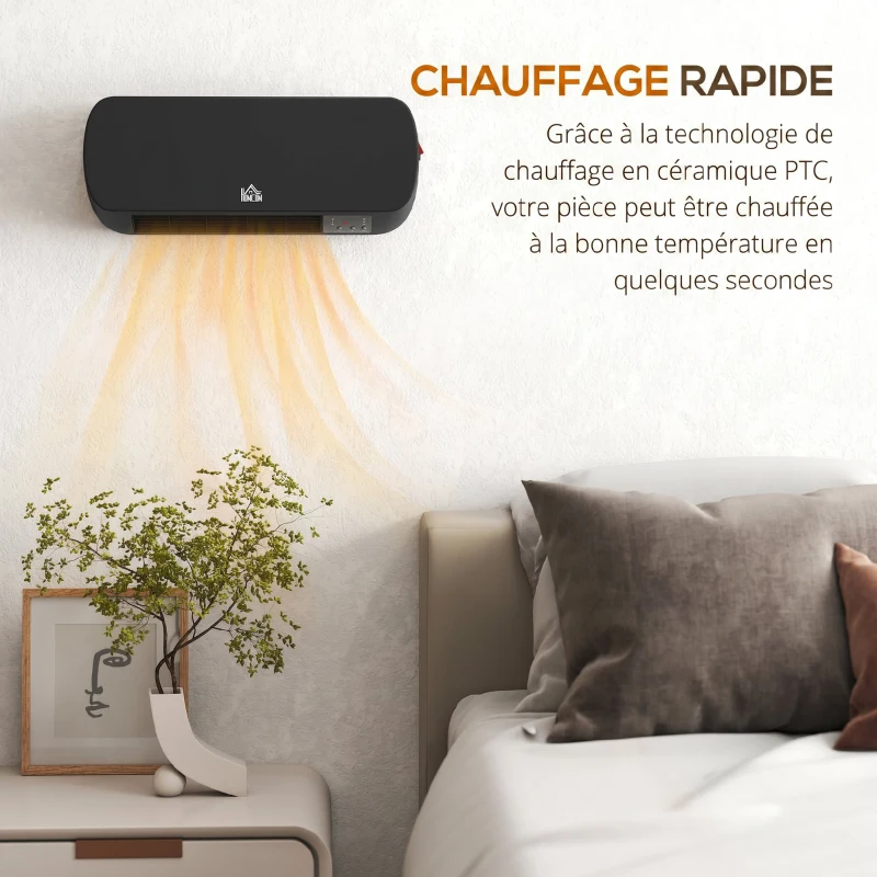 HOMCOM Radiateur Mural Soufflant 2000 W, Chauffage Céramique PTC, 3 Niveaux de Puissance, Télécommande, 45x18,6x11,5cm, Noir