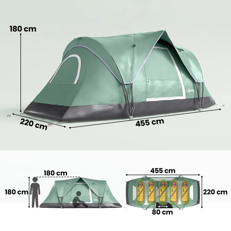 Outsunny Tienda de Acampada para 5-6 Personas Impermeable 3000mm+ con Bolsa de Transporte y Gancho 455x220x180 cm Verde