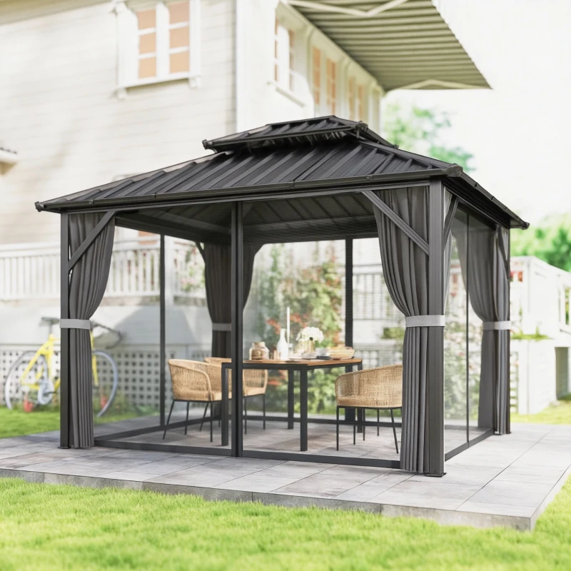 Outsunny Gazebo 3 x 3,6 m à Toit Rigide avec Toit Double en Acier Galvanisé, Structure en Aluminium, Gris Foncé