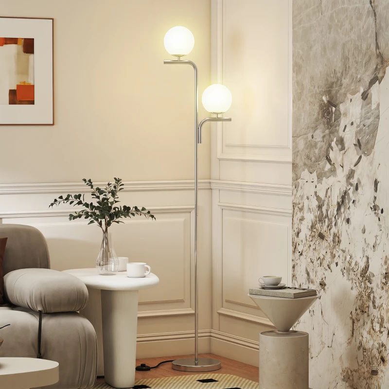 HOMCOM LED Floor Lamp, Modern Standing Lamp with 3 Colour Temperatures, Globe Glass Shades and Foot Switch, Silver Tone