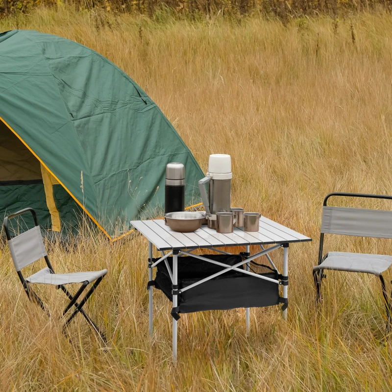 Outsunny Mesa de Camping Plegable con Almacenaje de Malla y Bolsa de Transporte para Exterior Jardín y Picnic 70x70x69 cm Plata