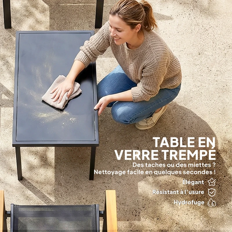Outsunny Salon de jardin extérieur 4 pièces avec canapé 2 places, 2 chaises et table basse en verre trempé, noir