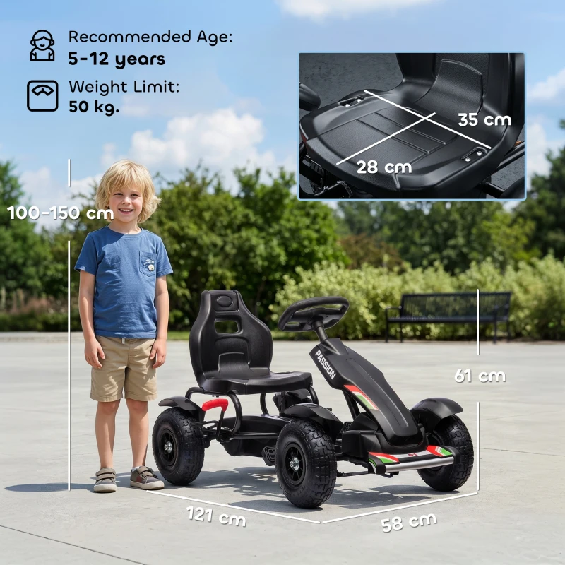HOMCOM Metal Kids Pedal Go Kart with Adjustable Seat Inflatable Tyres Black