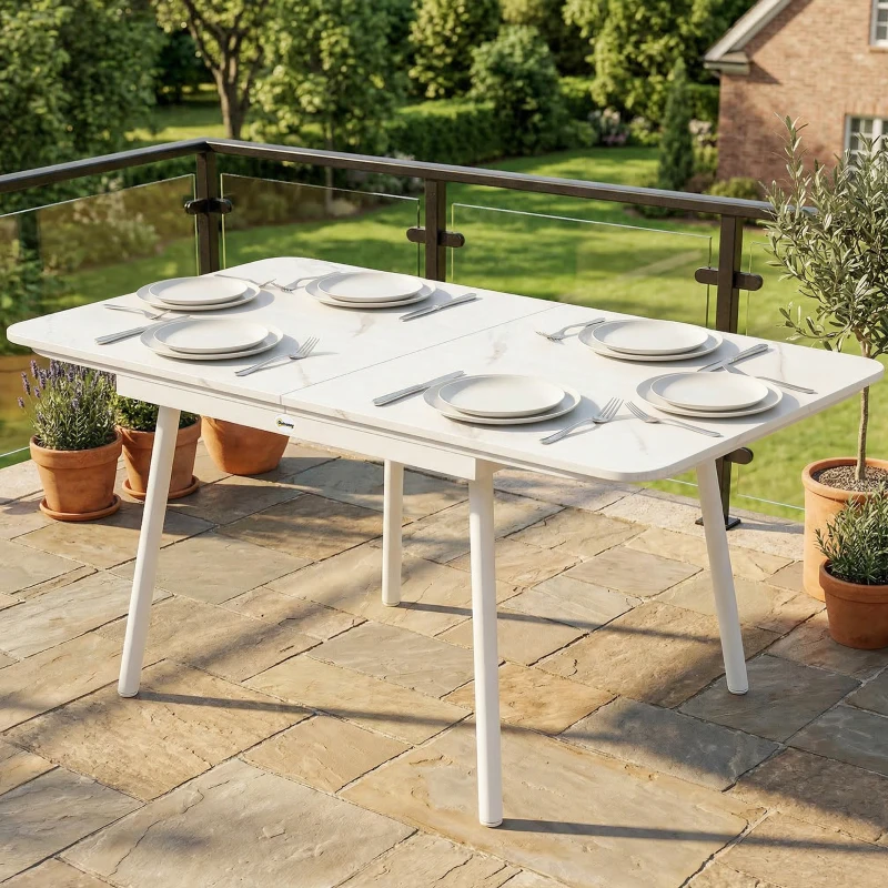 Outsunny Table de Jardin Rectangulaire pour 4-6 Personnes, Plateau en WPC et Cadre en Métal, Pieds Réglables, 140x80x75cm, Blanc