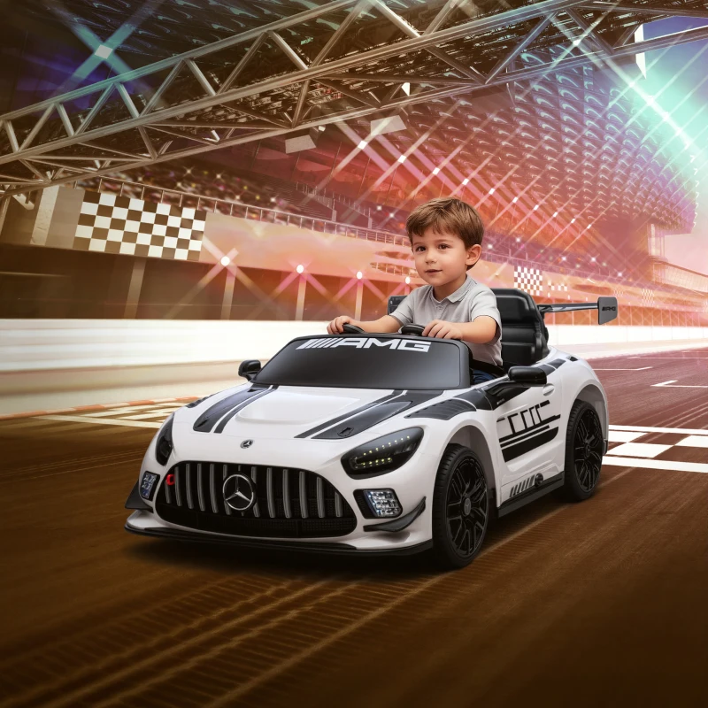 AIYAPLAY Auto Electric pentru Copii de 3-8 Ani Mercedes-AMG 12V cu Telecomandă, Faruri LED, Roți pentru Transport, Alb